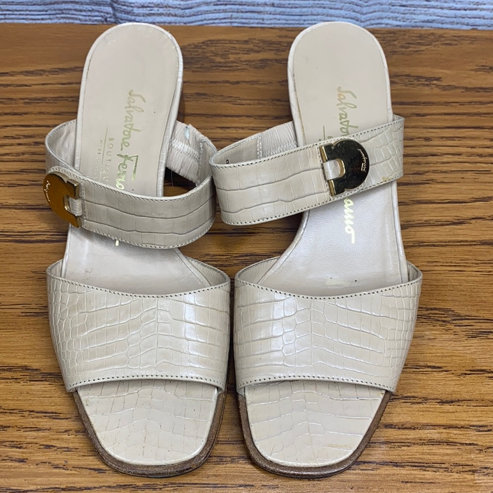 Salvatore Ferragamo Beige Croc Embossed Leather Slip On Stacked Heel Sandals 6
